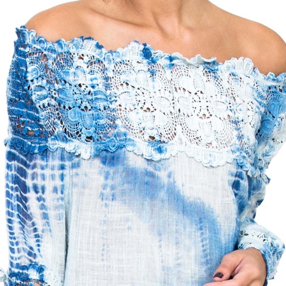 Last 1! NWT Off the Shoulder Crochet Trim Tie Dye Dress - Picture 3 of 7